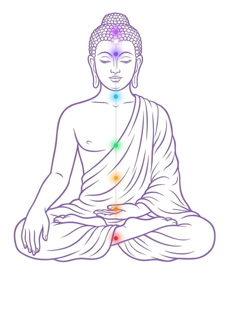 Buddha meditating, chakra points marked